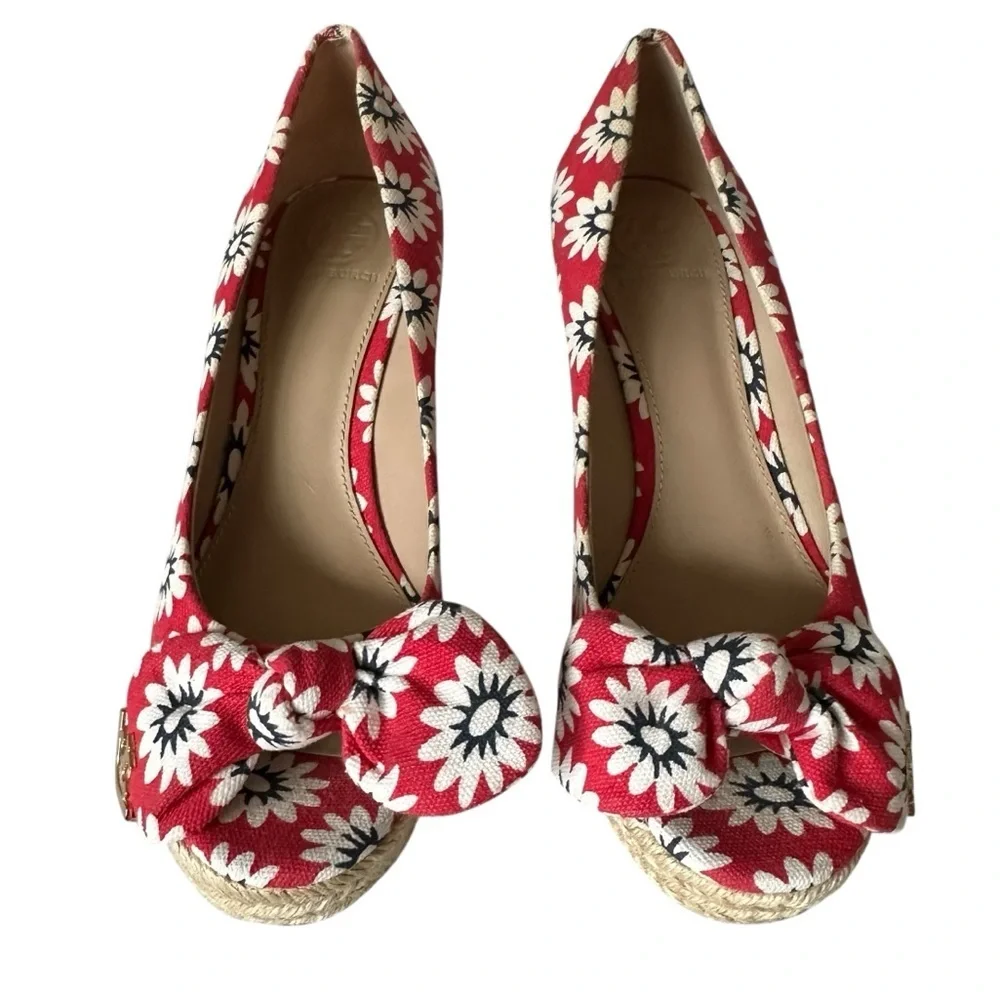 Tory Burch Dory Espadrille Wedge Red Floral Peep Toe Bow 6.5